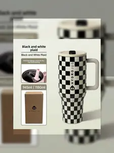 Hydrojug Black and White Check Pattern Insulated Cup 40 Ounces Double-Layered Stainless Steel Flip-Lid Stainless Steel Water Bottle - Suitable for commuting, office use, outdoor activities and school trips.