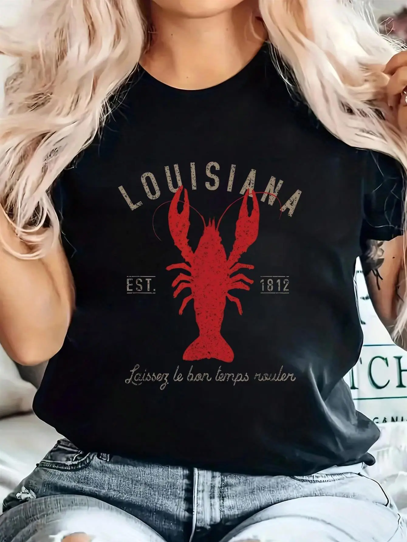 Louisiana Crawfish T Shirt Laissez Le Bon Temps Rouler T-Shirt Print T-Shirt for Summer, Womens Soft Short Sleeve Top, Stylish Comfy Tee for Women Graphic Tees