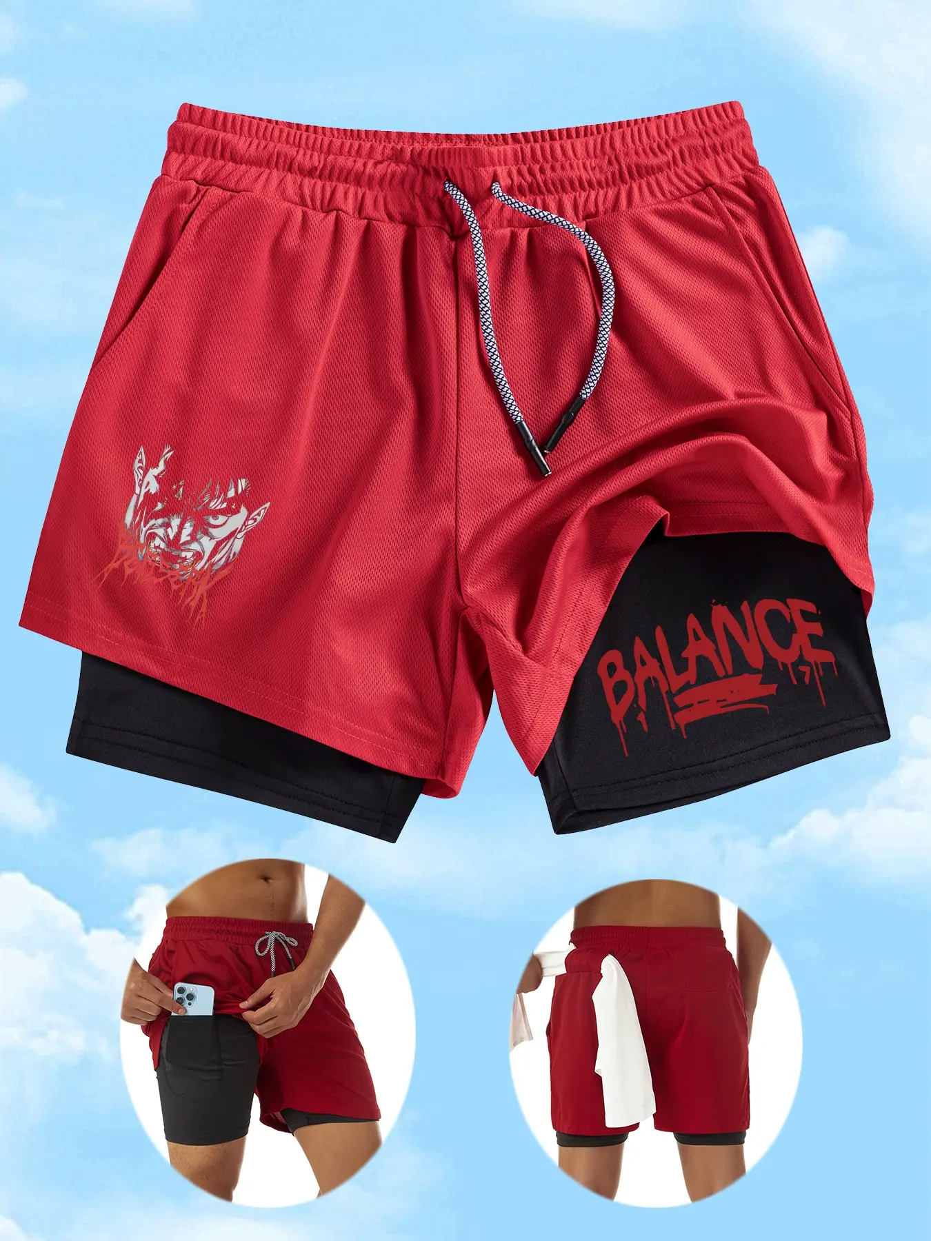 Men's Printed Basketball Training Shorts, Multi-Pocket Double-Layer Sports Pants, Breathable Comfortable Outdoor Running Volleyball Gym Wear