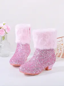 Cute Sequined Crystal High Heel Boots for Girls, Warmth Fleece Lining, Zipper Design, Perfect for Parties & Weddings, Fall Winter Wear