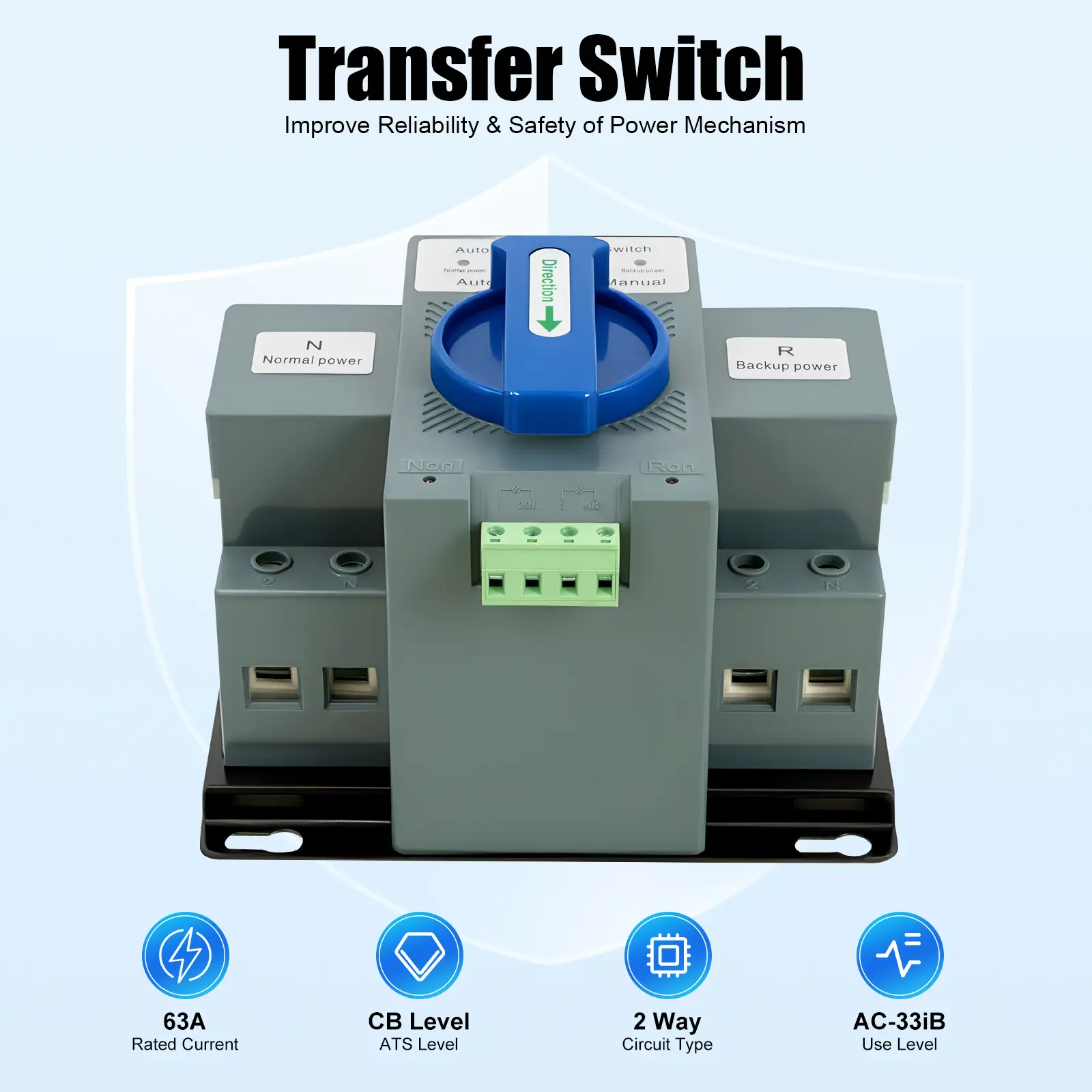 2P/63A Dual Power Automatic Transfer Switch for elevators, surveillance, firefighting, office buildings, household electricity, ports, terminals, banks