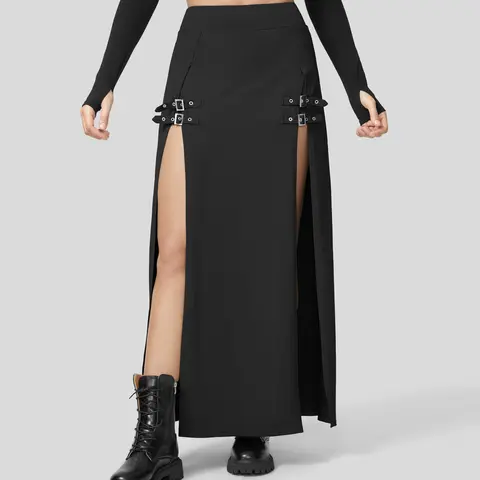Halara High Waisted Decorative Buckle Split 2-in-1 Maxi Casual Skirt