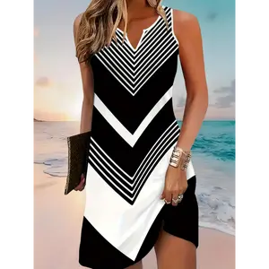 Chic Black and White Arrow Print Sleeveless Knee-Length Dress for Women - Stylish V-Neck, Trapeze Hem, Perfect for Casual and Holiday Attire, Casual Attire|Arrow Print Dress|Vneckline Dress