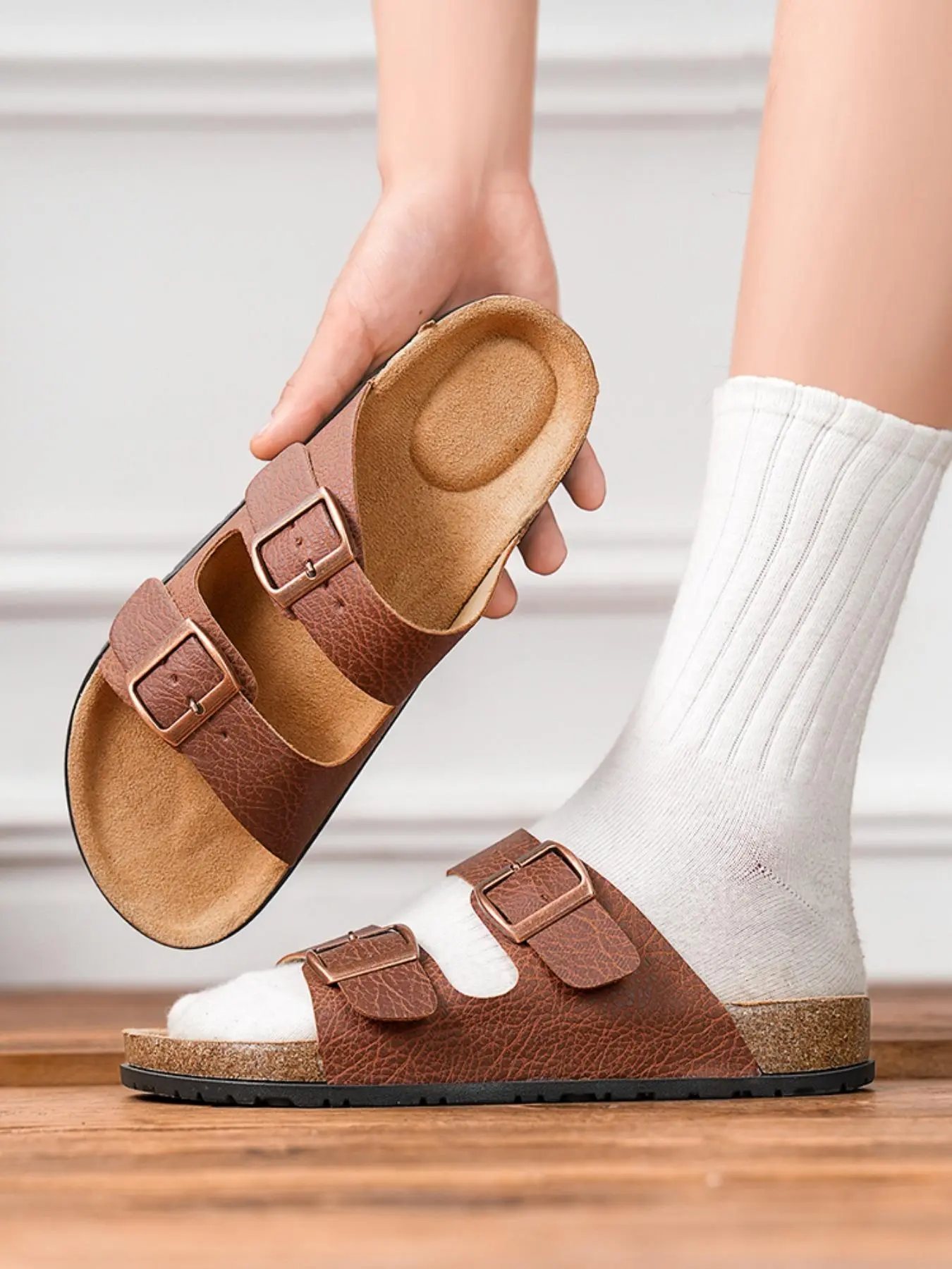 Unisex Minimalist Casual Plain Color Arch Support Sandals, Adjustable Strap Design Non-slip Beach Slides, Lightweight & Quick-dry Outdoor Clogs, Footwear, Cork Sole Sandals, Casual Beach Shoes