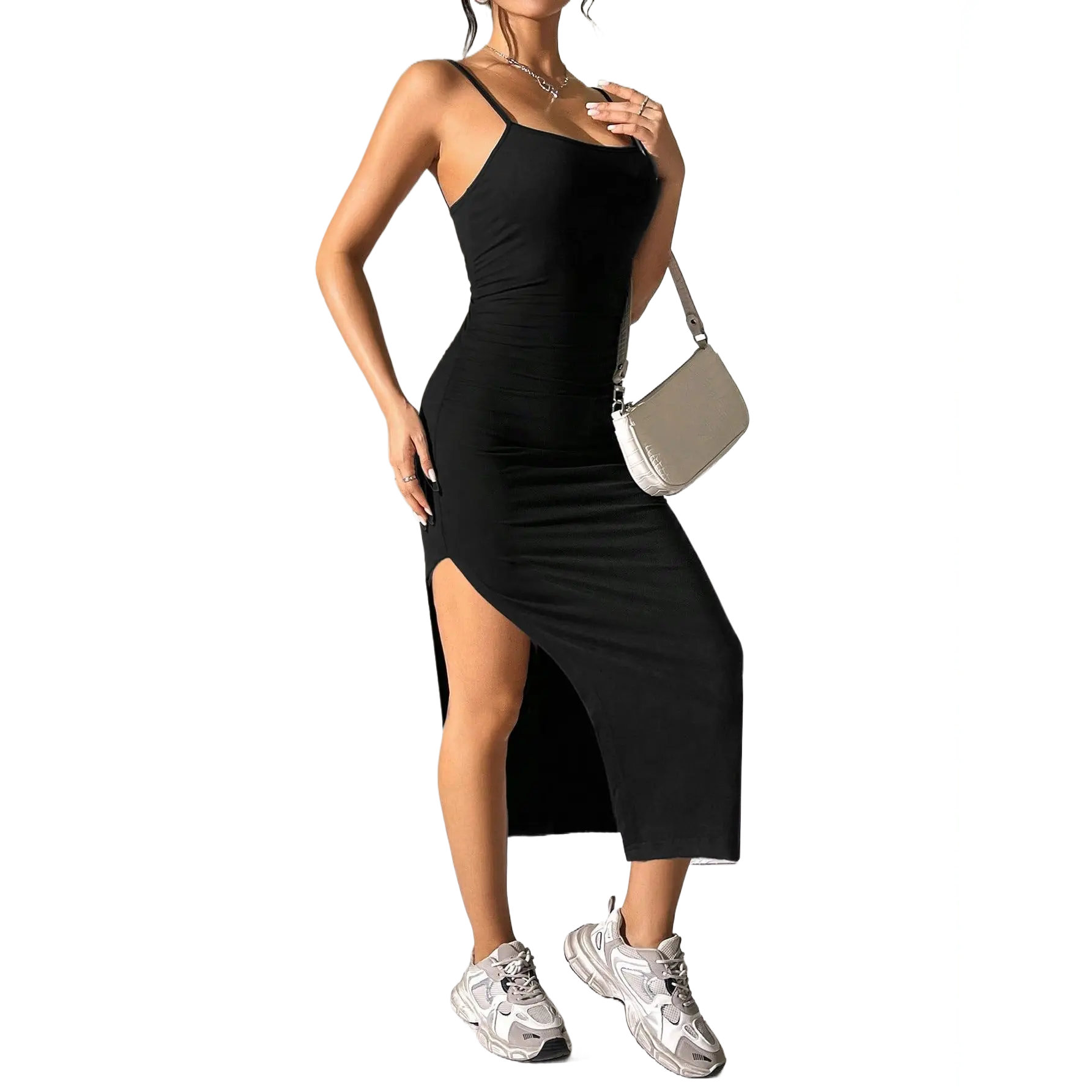 2 piece birthday dresses Sexy Black Rose Straps Mermaid Satin Long Evening Party Dress Birthday –  DSProm main image 1