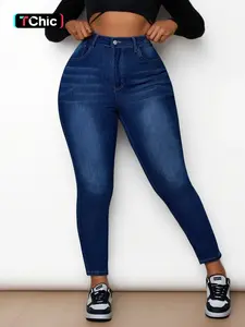 Women's Plus Size High Waist Stretch Slim-Fit Denim Jeans, Vintage Style Casual Fashion Pants for All Seasons, Comfortable Daily Wear