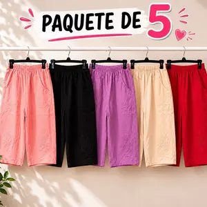 Women’s 5-Pack Cotton Capri Pants - Womenswear Mommy Embroidered Casual Cropped Pants with Assorted Colors