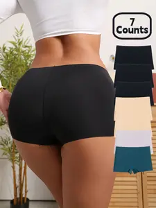 7 Pack Simple Solid Color Mid-Waist Women's Briefs, Seamless Elastic Ice Silk Yoga Panties, Suitable All Seasons Ladies Underwear