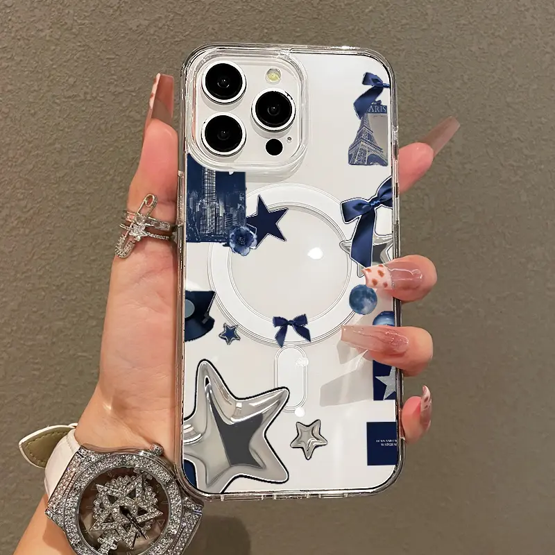 Aesthetic Magnetic Smartphone Case for iPhone 11/12/13/14/15/16-ProMax, Navy Stars & Bows Ultra Slim, MagSafe Support, Shockproof Handheld Cellphone Devices with Playful Fun Style, Casing