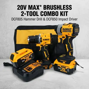 DEWALT 20V Combo Kit, 1 Set with DCF805 & DCF850 Tools, 1/2 Inch All-Metal Chuck, 205nm Torque, 70 Lumens, for Drilling Tasks,garage use, equipment fill,  torque capacity home, job site cordless impact wrench kit adjustable speed high-quality durable nm