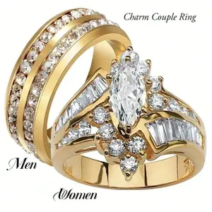 Couple Rings, Wedding Rings, Proposal Rings, Olive Cut Rings for Women and Double Row Stainless Steel Rings for Men, Couple Jewelry