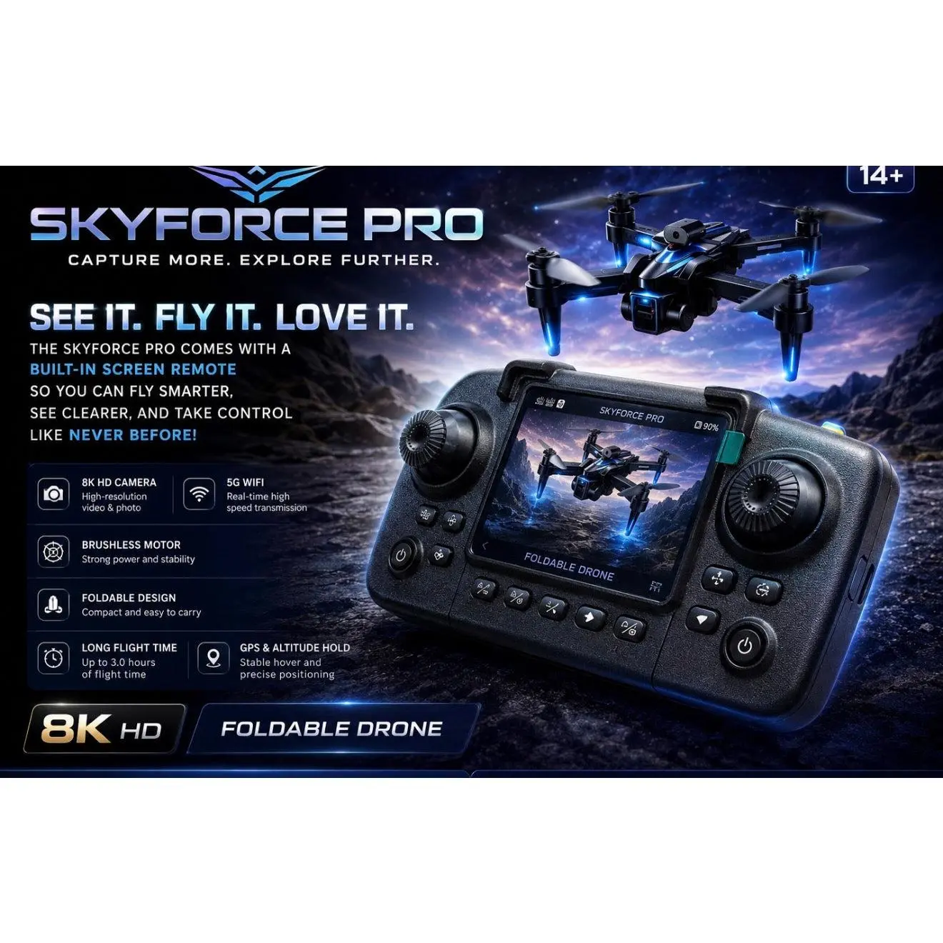 SkyForce Pro Foldable Drone with Built-In Screen Remote | 8K HD Camera | GPS | Dual Battery