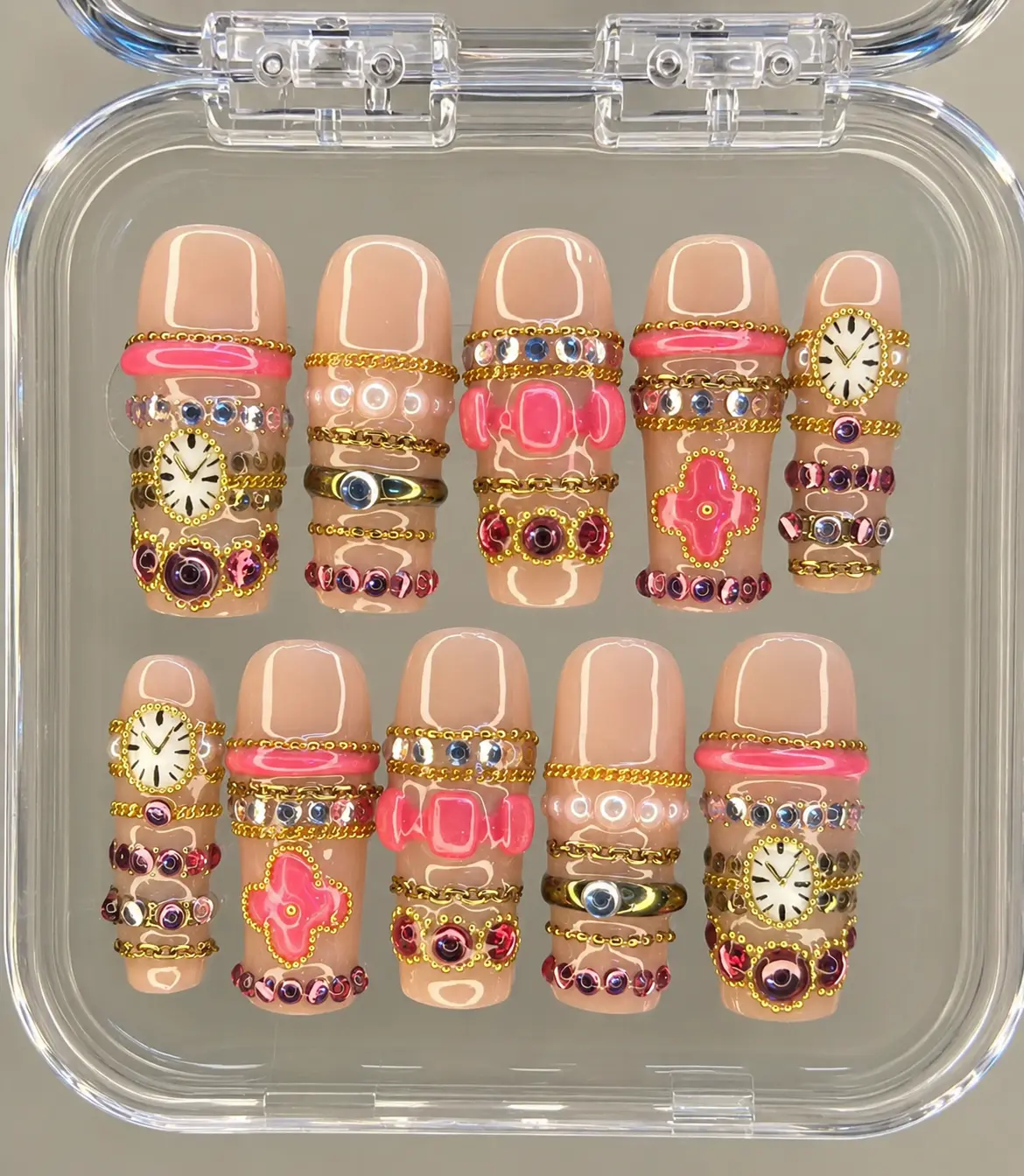 Luxury Y2K Clock Charm Press-On Nails | Pink Gemstone Gold Chain Statement Nails | Handmade Designer Maximalist Nail Set