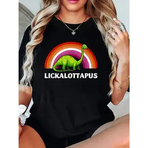 Funny Lesbian Flag Pride Dinosaurs LGBTQ T-Shirt Cotton Round Neck Short Sleeves Super Soft Stylish Loose Fit for Daily Wear