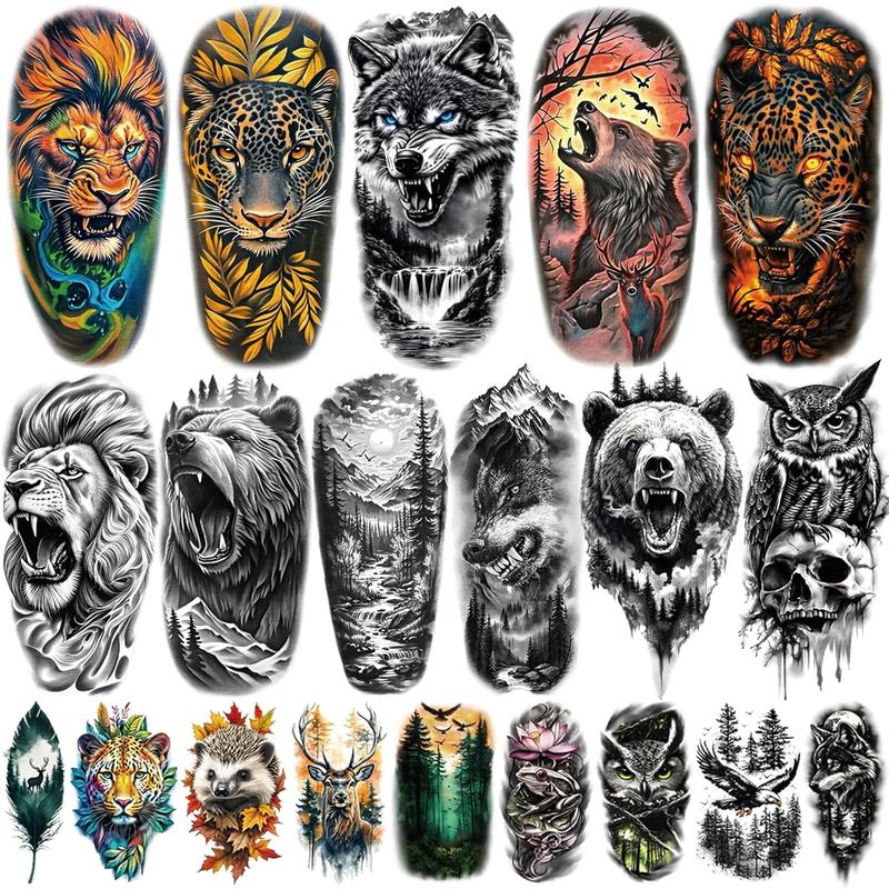 77 Sheets Temporary Tattoos, 17 Sheets Half Arm Wolf Lion Tiger Bear Leopard Eagle Fake Tattoos for Adults Shoulder Neck, 60 Sheets Tiny Animal Temporary Tattoos Realistic for Men Women Boys & Girls