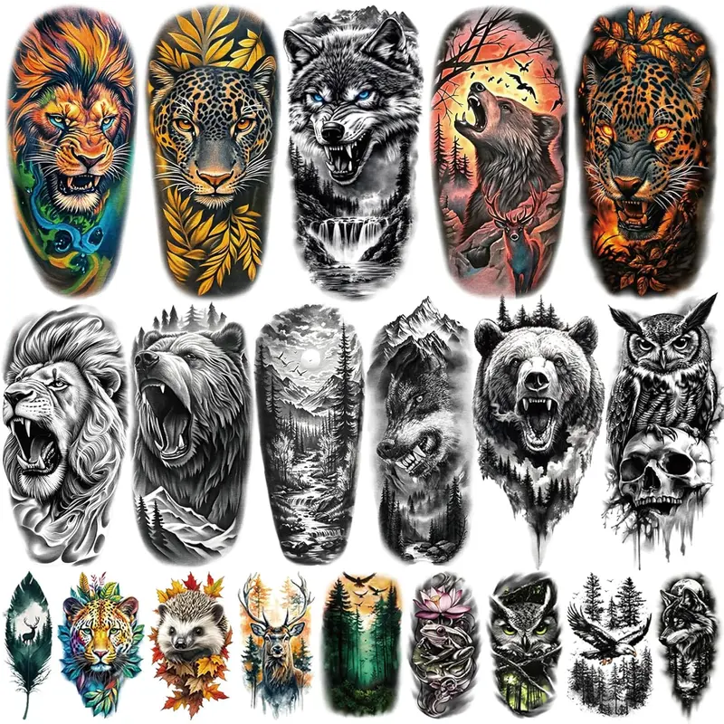 77 Sheets Temporary Tattoos, 17 Sheets Half Arm Wolf Lion Tiger Bear Leopard Eagle Fake Tattoos for Adults Shoulder Neck, 60 Sheets Tiny Animal Temporary Tattoos Realistic for Men Women Boys & Girls