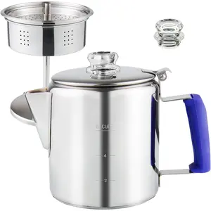 6 Cup Silver Stainless Steel Multi-Use Percolator Coffee Pot Stove Top Coffee Maker with Borosilicate Glass Knob Silica Handle for Camping Campfire Stove & Induction Cooker