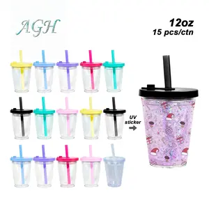 AGH US 12 oz Kids Leak-Proof Snow Globe Double Wall Plastic Tumbler Cups with Mixed Color Lids & Bubble Tea Straws for Custom DIY 15pcs/carton
