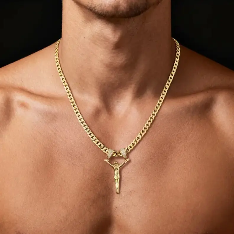 Unisex 14K Real Gold-Plated Jesus Christ Figure Pendant Necklace, 3D Christ Charm with Diamond Clasp Double-Lock, 24” Gold Statement Chain, Daily Wear Religious Jewelry Gift,Father's Day Gift
