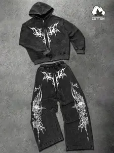 Men's Cotton Two-Piece Set, Fashion Casual Clothing, Thorn Print Hoodie and Long Pants with Pockets, Spring Fall Winter Sports Wear, Menswear