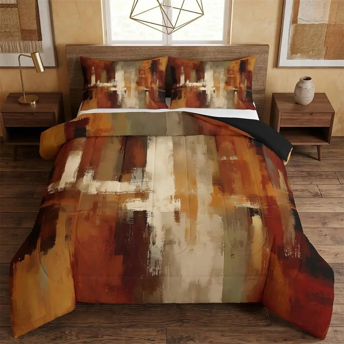 Burnt Orange Comforter Set Abstract Rust Art Bedding Set Geometric Modern Chic Duvet Quilt Farmhouse Bedroom Decor Microfiber