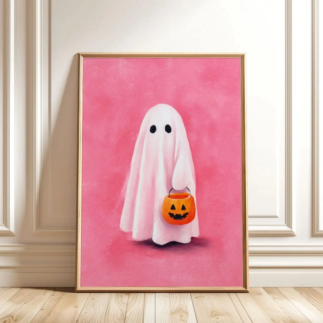 Pink Halloween Ghost Wall Art, Cute Pastel Ghost Poster, Spooky Nursery Decor | Frameless Poster B