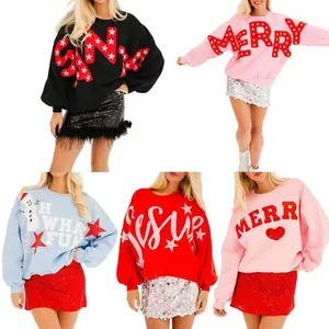 WomenChristmasSequinSweatshirtFunnyGraphicSparklyLongSleeveCrewneckMerryChristmasPulloverTops2025