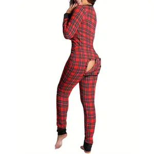 Women'S Sleeping Romper, Christmas Pajamas, Long Sleeve V-Neck Printed Loose Detachable Crotch Elastic Black Cotton Loungewear