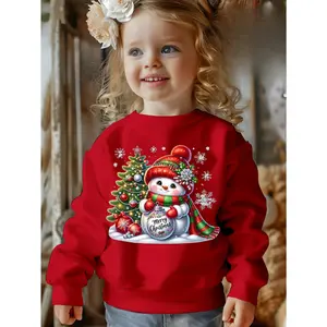 Casual Christmas Sweatshirt with Snowman and Tree Applique, 100% Polyester Crew Neck with Slight Stretch, Long Sleeve Pullover for Fall/Winter Season - Fashionable Youth Holiday Top, Cotton, Graphic