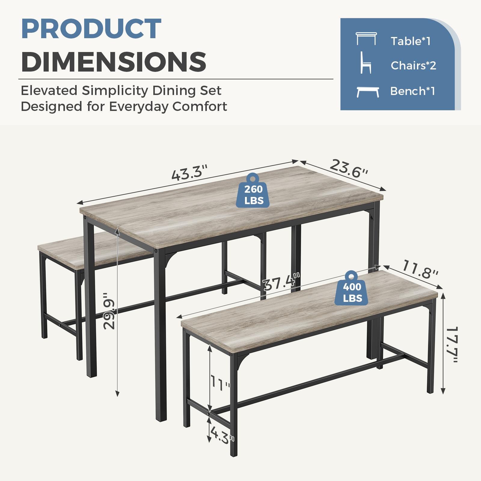 4-Piece Industrial Dining Table Set, Kitchen Table, Space Saving Dinette for Kitchen, Dining Room, Small Space, Breakfast Nook, Living Room, Party Extendable Kitchen Table with Benches Chairs, Modern Breakfast Dinette Dining Room Set for 4/6/2