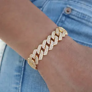 13mm Diamond Prong Link Cuban Bracelet - Gold