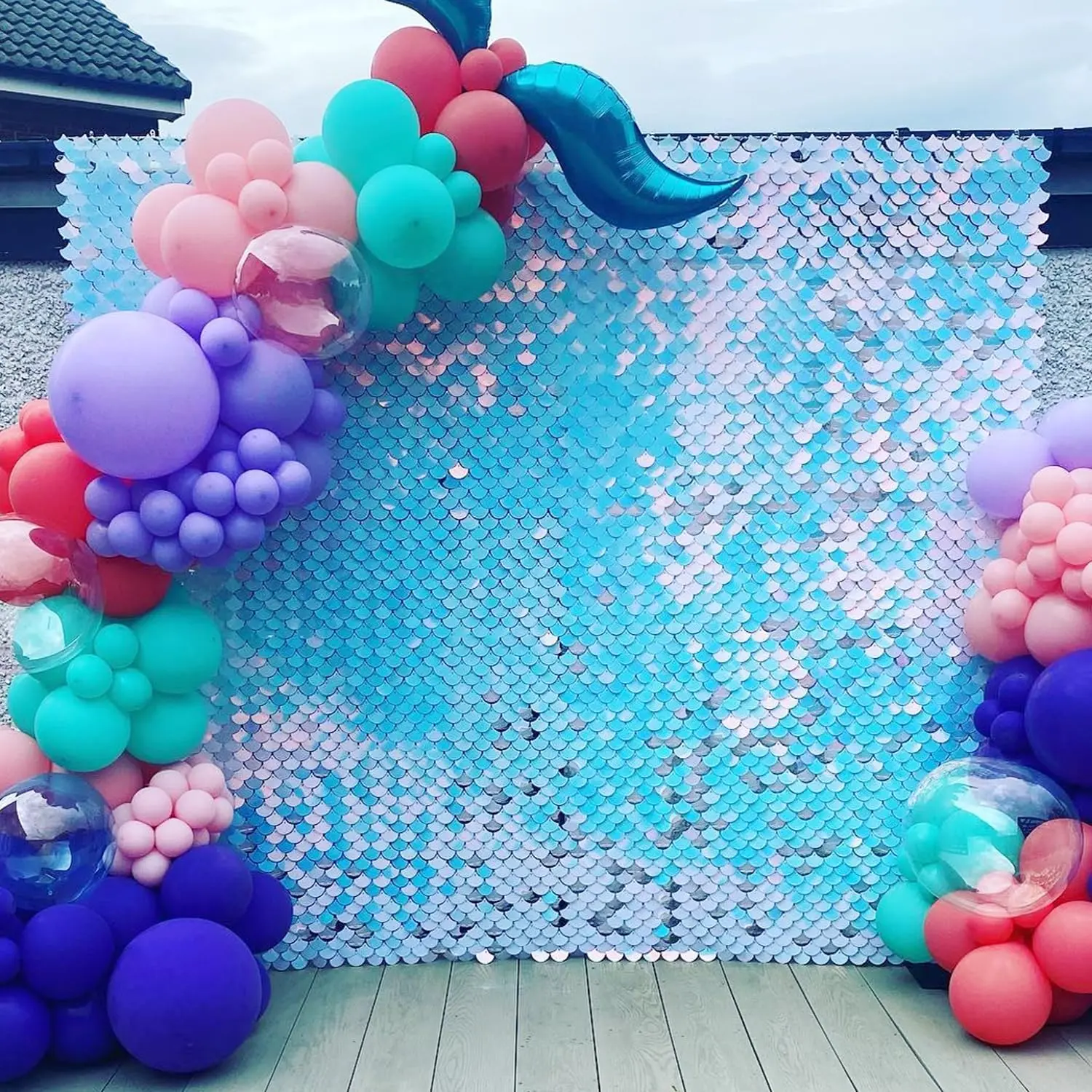 Mermaid Scale Pattern Wall Backdrop, 1 Count Shimmer Photo Backdrop with 15 Hooks & 100 Zip Ties, Birthday Wedding Baby Shower Decoration, Party Decor