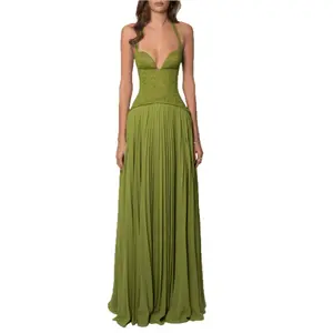 Women'S Sexy Halter Neck Low-Cut Backless Waist-Cinching Pleated Bright Green Minimalist graduation dresses college