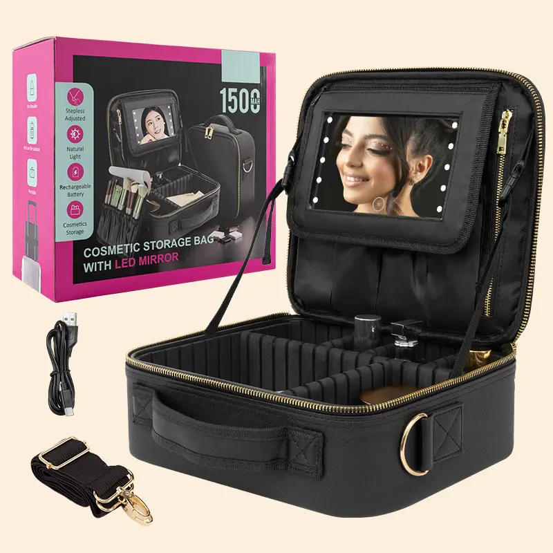 LESHARE Large Capacity Makeup Bag (Vanity Bag) – Model 2301B, USB-Charge LED Mirror, Shoulder Straps, Travel-Ready Cosmetic Case, Makeup Bags