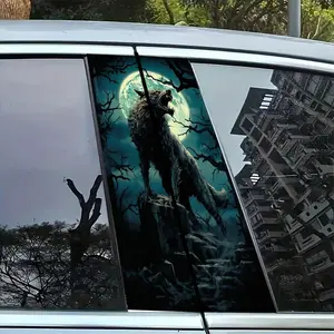 Moonlight Werewolf Car B Pillar Stickers, Fantasy Wolf Night Scene Decoration, Easy Peel & Stick, Waterproof Scratch-Resistant