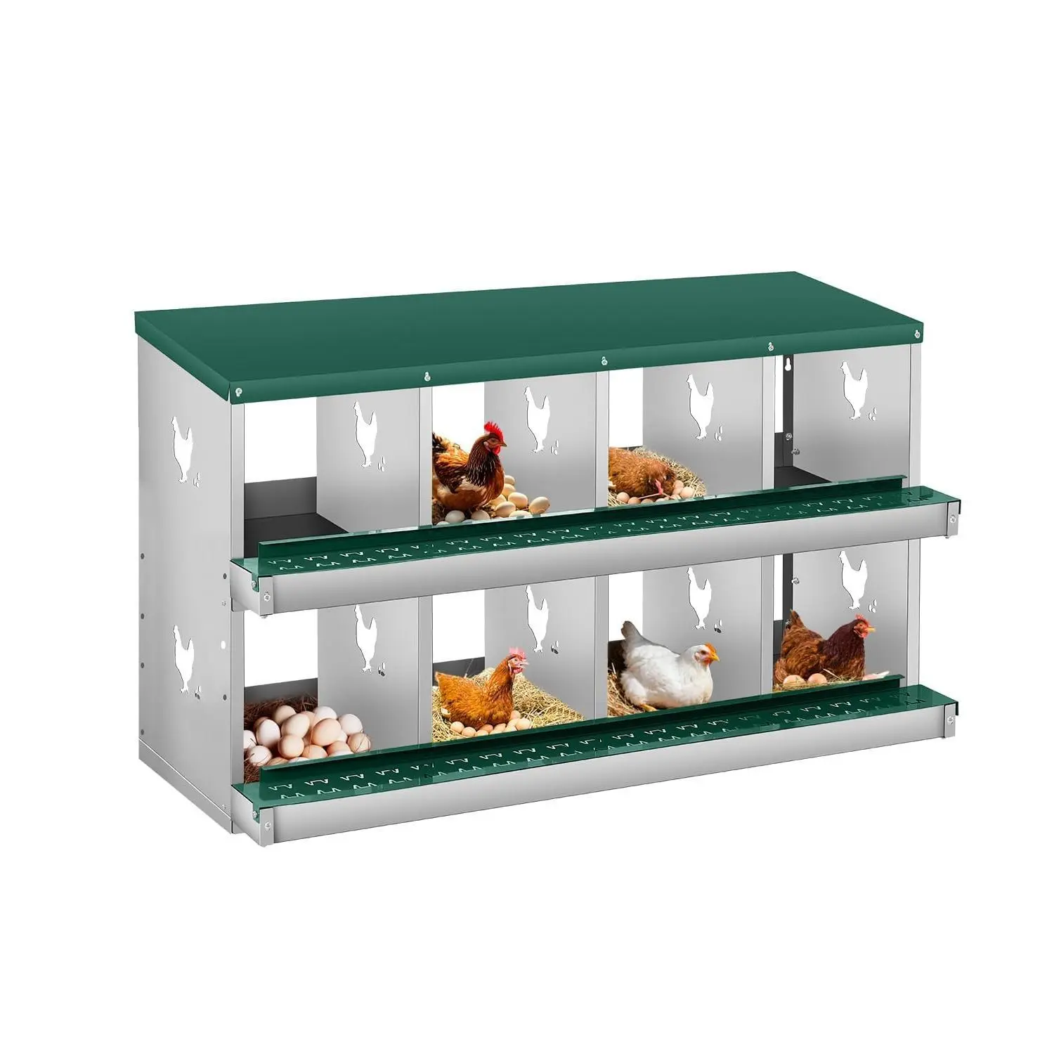 Garvee Ventilated Metal Chicken Nesting Box – 8 Compartments, Roll Away, Wall Mount, Easy Egg Collection, No Legs, Green (8 Compartments, No Legs)