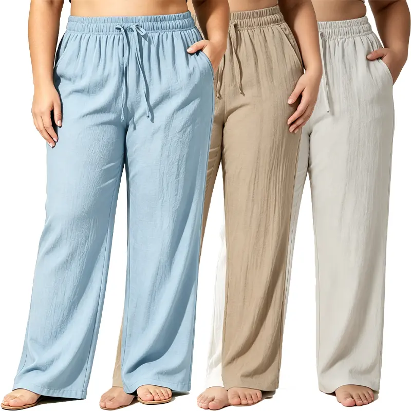 3-pack women’s linen-textured wide-leg pants, high-waisted drawstring loose Palazzo long pants with pockets—the preferred choice for curvy women; casual, breathable, fluid-flow long pants suitable for everyday wear.