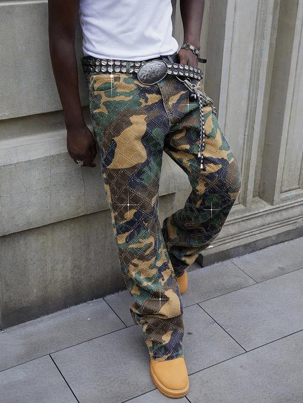 Jeans for men - Men’s Flared Camouflage Jeans with Layered Design for Street Style Wear baggy jeans for men y2k clothing jeans pants for men clothes for men airport outfit black jeans outfits winter going out outfits y2k clothes pants for men cargo