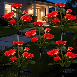 Solar Rose Lights 5-Pack Vibrant Artificial Flowers with Green Leaves for Outdoor Garden Decor Durable Plastic Ornaments Ideal for Holidays Semi-Recessed Installation