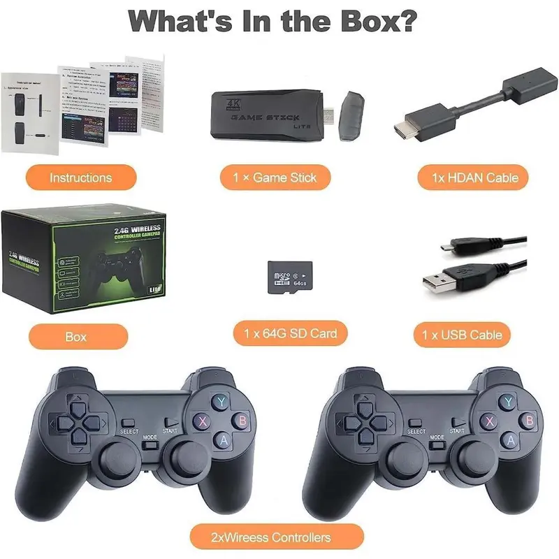 M8 Portable mini game stick, plug and play, comes with 2 wireless controllers and a 64G Micro SD card, HD TV game console