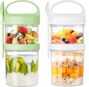 LUXEAR 2-Pack 31oz Dual-Layer Overnight Oats Containers with Lids & Spoons, Leakproof Plastic Yogurt Parfait Cups for Oatmeal, Cereal, Nuts, Fruits, Portable Meal Prep, Food-Grade PP, Dishwasher Safe