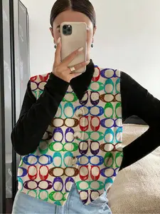 Geometric Pattern Colorblock Open Front Button Knit Sweater, Fitted Casual Sleeveless Short Vest for Spring Summer Fall, Comfortable Women's Clothing