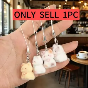 Cute Cartoon 3D Flocked Cat Resin Keychain – Plush Animal Pendant with Random Color Lanyard, Bag / Phone / Car Key / Earphone Decorative Charm Fuzzy Keychain Fluffy Keychain