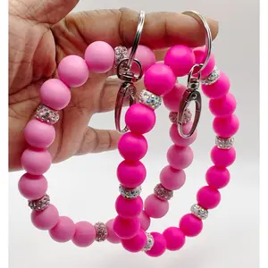 Handmade Stretchy Wristlet Keychain Double String for Durability w/Silicone Beads (15mm) w/European Rhinestone Spacers(11mm)& Clasp