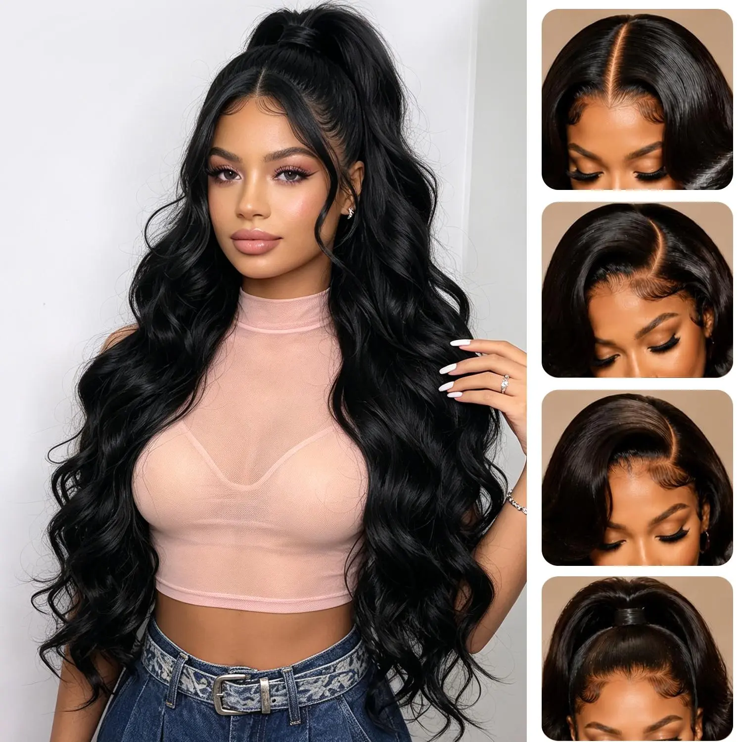 Black Lace Frontal Wig 32 Inches Long Lightweight Body Wave, Hairline with Baby Hair, Heat Resistant Synthetic Hair Glueless Front Wigs for Black Women