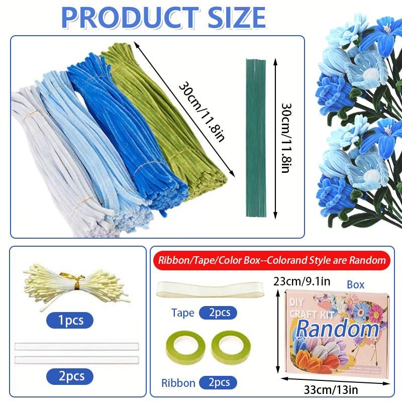 400pcs/set DIY Floral Pipe Cleaner Craft Kit, 4 Mixed-Color Furry Stems for DIY Flower Making, Includes Floral Wire, Tape, Stamens and Ribbon, Ideal for Birthdays, Weddings, Graduations and Other Occasions