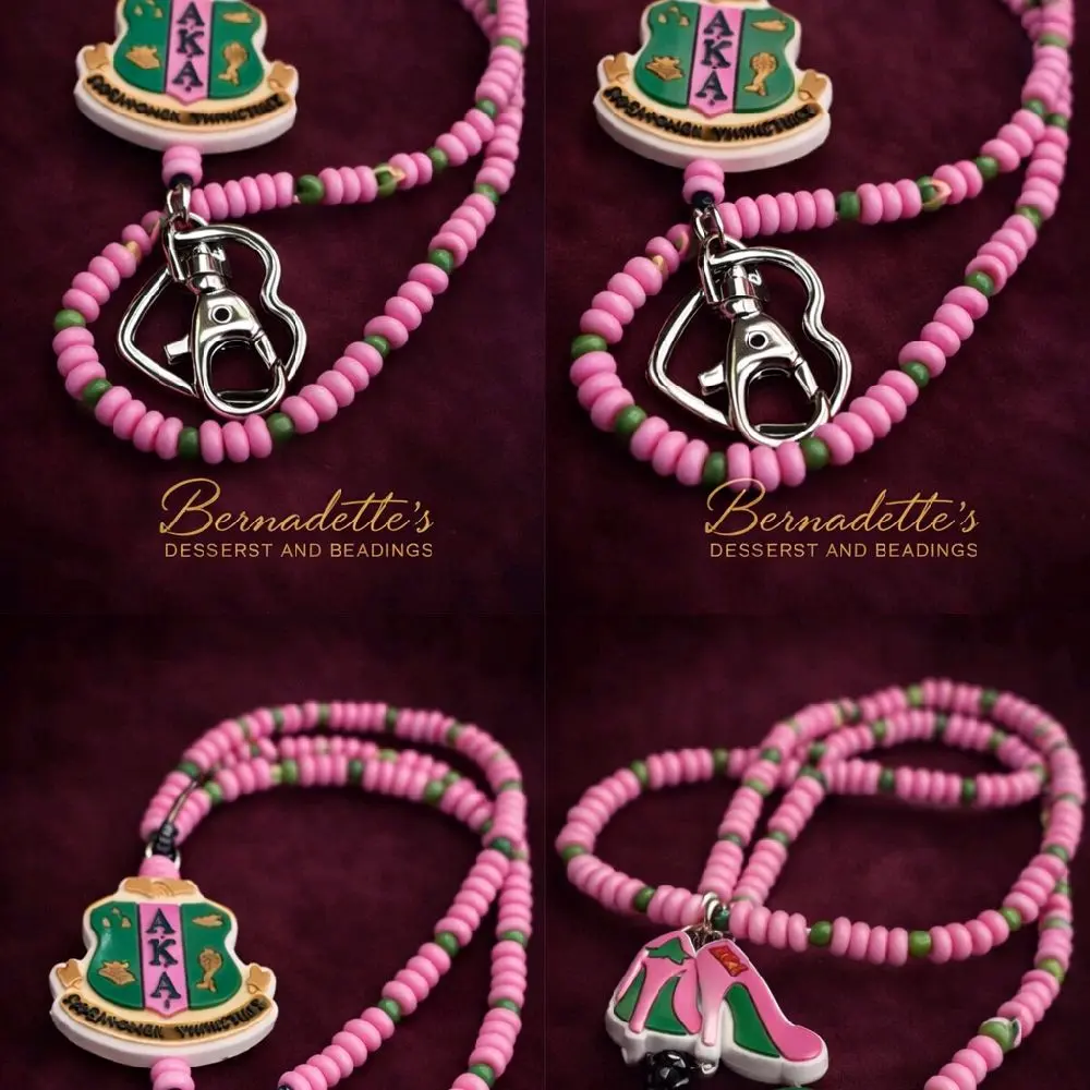 Bernadette's Pink and Green Beaded Lanyard with Silver Heart Clip for AKA Sorority Members Durable Material Stylish Accessory