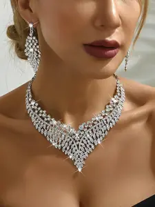 Women's Elegant Rhinestone Decorated Jewelry Set, Fashionable Jewelry Set, Exquisite Trendy Necklace & Dangle Earrings, 2024 New Style Chic Jewelry Set for Party & Wedding Decor