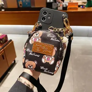 Cute Bear iPhone Case 2-in-1 Lanyard & Card Holder Crossbody Phone Case for iPhone Faux Leather Protective Cartoon Cute Black Shell