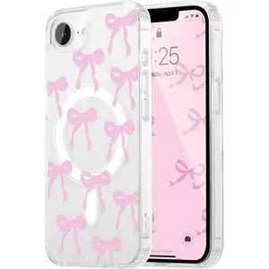 Magnetic for iPhone 16e Case, Bow Case Compatible with MagSafe, Wireless Slim Clear Ribbon Aesthetic Phone Cover Anti-Yellowing Shockproof Protective Cover for Women Girl - Pink